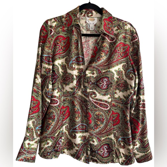 TALBOTS  Pure Silk Paisley Button Down Blouse long sleeve Size 14 (Misses Large) - Picture 2 of 11